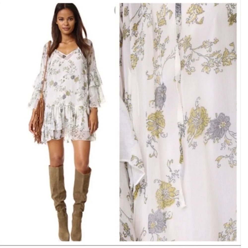 Free People Sunsetter Mini Dress Ivory Combo Boho Ruffle Floral Size Medium